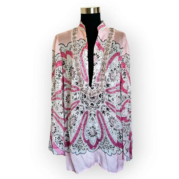 Allen B by Allen Schwartz Boho Silk Long Flare Sleeve Tunic Size L NWT - Picture 2 of 11